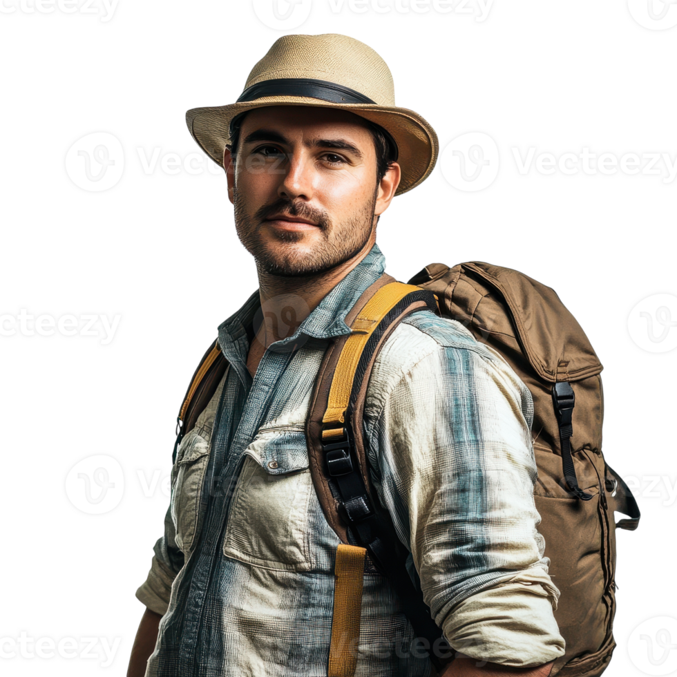 Male Adventurer Tourist Posing with Scenic Background on transparent background png