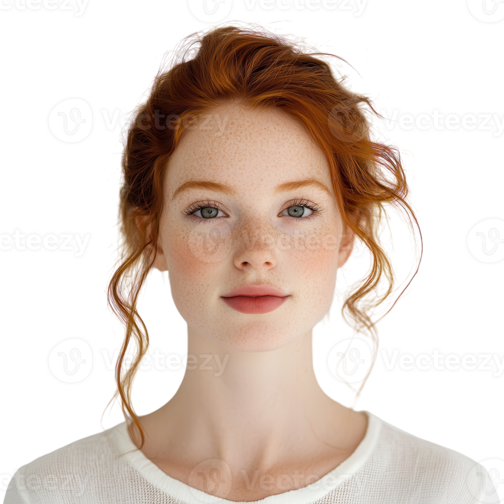 Portrait of a Young Red-Haired Woman Against a White Background on transparent background png