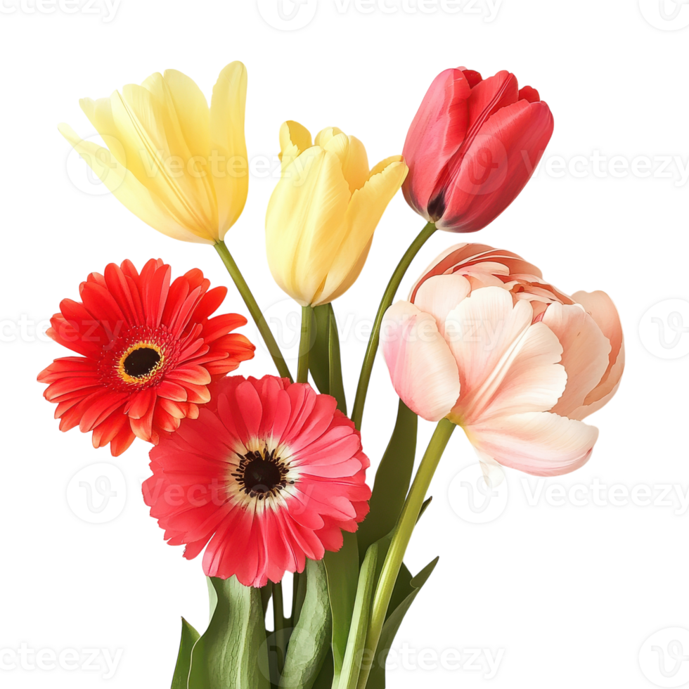 Vibrant Bouquet of Red Gerbera, Pink Peony, and Yellow Tulip for Celebrations on transparent background png