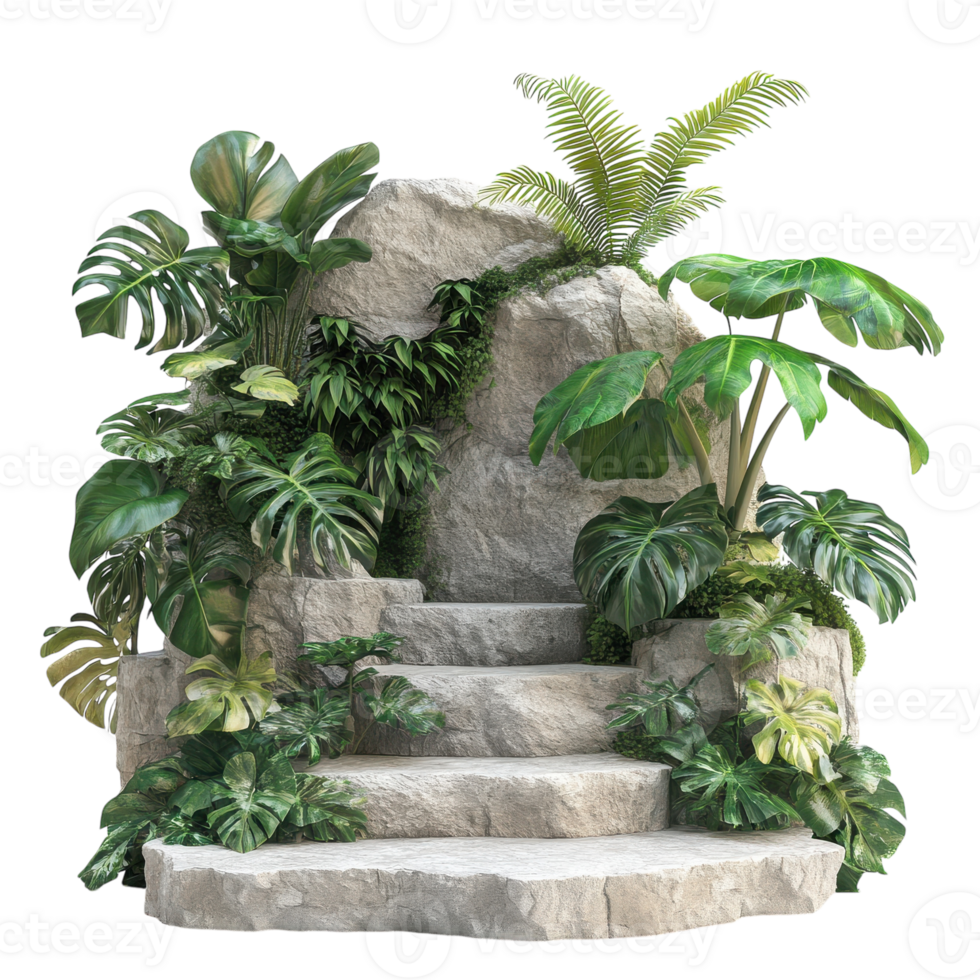 Tropical Stone Stage Surrounded by Lush Greenery for Events or Photography on transparent background png