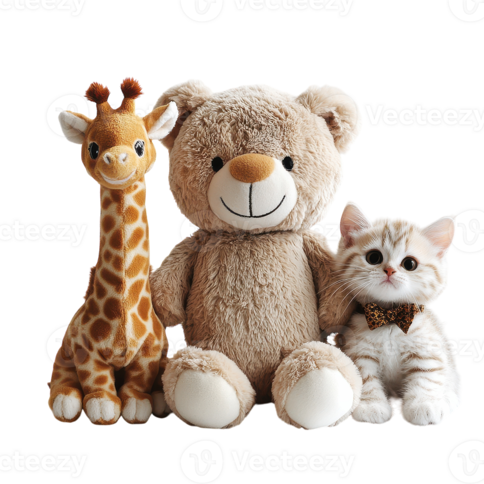 Cute Teddy Bear Giraffe and Cat Toy on White Background for Children's Playtime on transparent background png