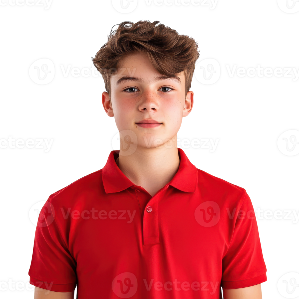 Teenage Boy in Red Polo T-Shirt on White Background for Portrait and Editorial Use on transparent background png