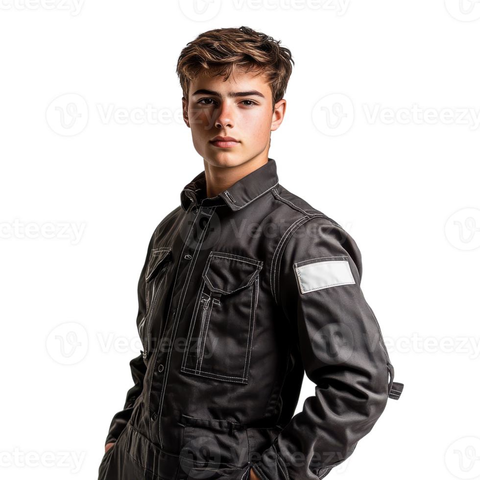 Young Mechanic Posing with Tools for Automotive Promotion on transparent background png