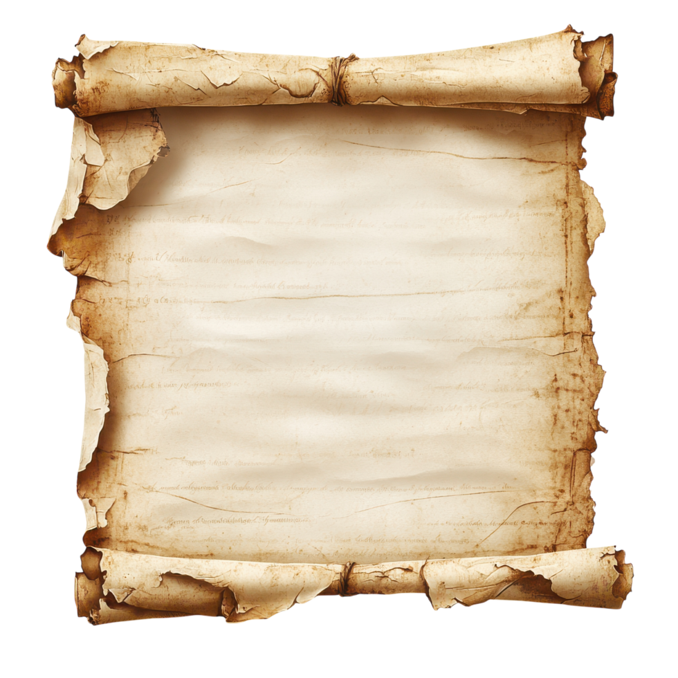 Ancient Scroll with Historical Text and Illustrations on transparent background. png