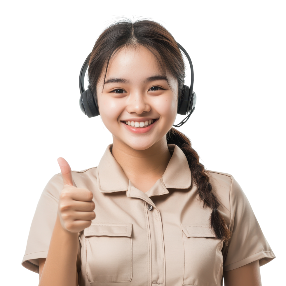 Asian Woman in Call Center Uniform Giving Thumbs Up on transparent background. png