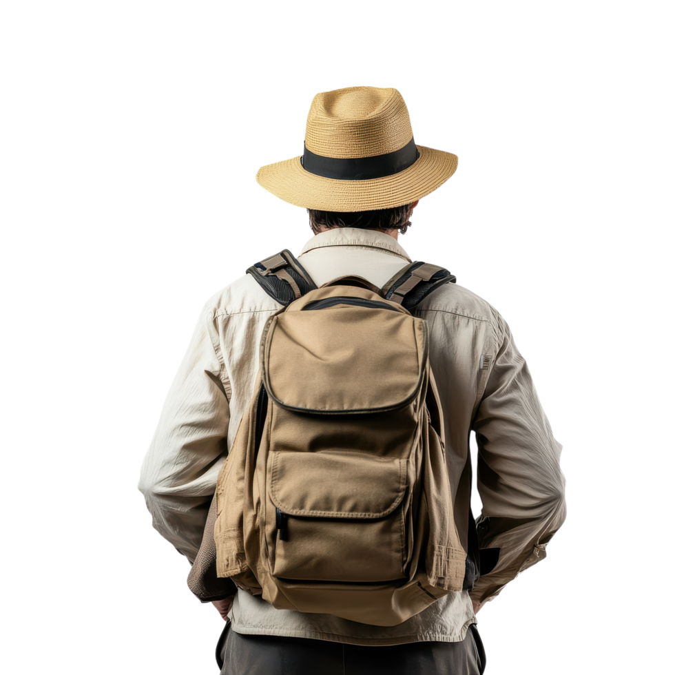 Back View of a Man in Tourist Clothing for Travel Promotion on transparent background. png