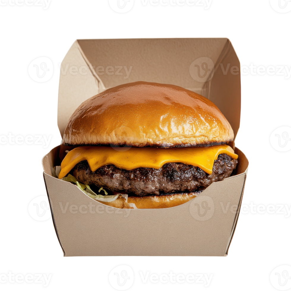 Delicious Burger in a Takeout Box for Takeaway Meals on transparent background. png