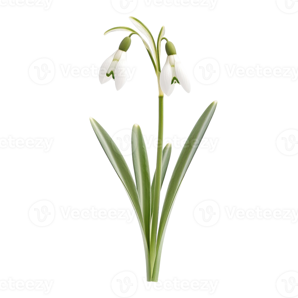 Close-up of Snowdrop Flower with Stem and Leaves on transparent background. png