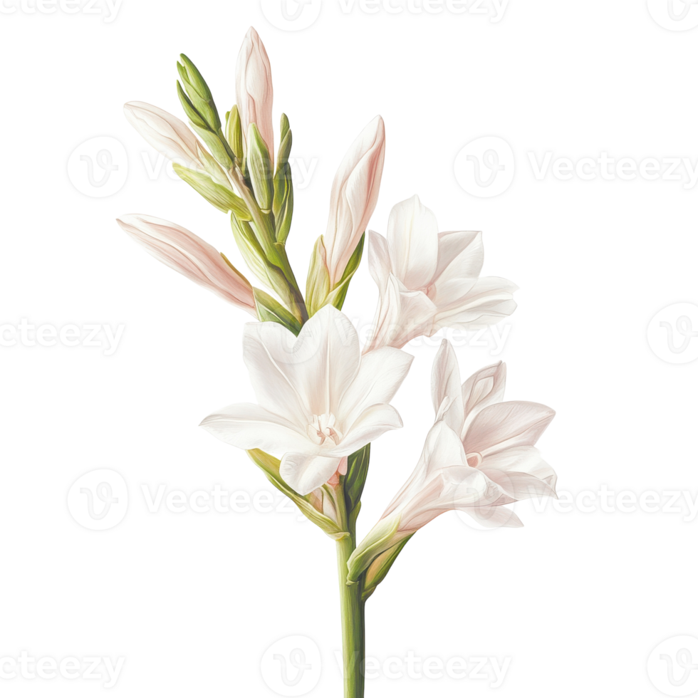 Close-up of Tuberose with Stem and Leaves on transparent background. png