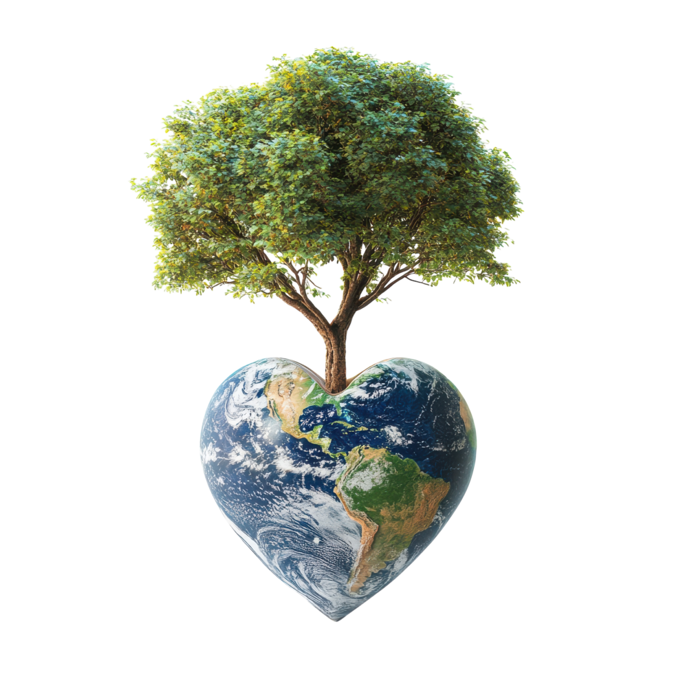 Conceptual Illustration of Earth, Green Tree, and Heart on White Background on transparent background. png