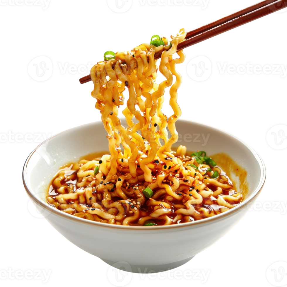 Floating Pair of Chopsticks Holding Noodles on transparent background. png