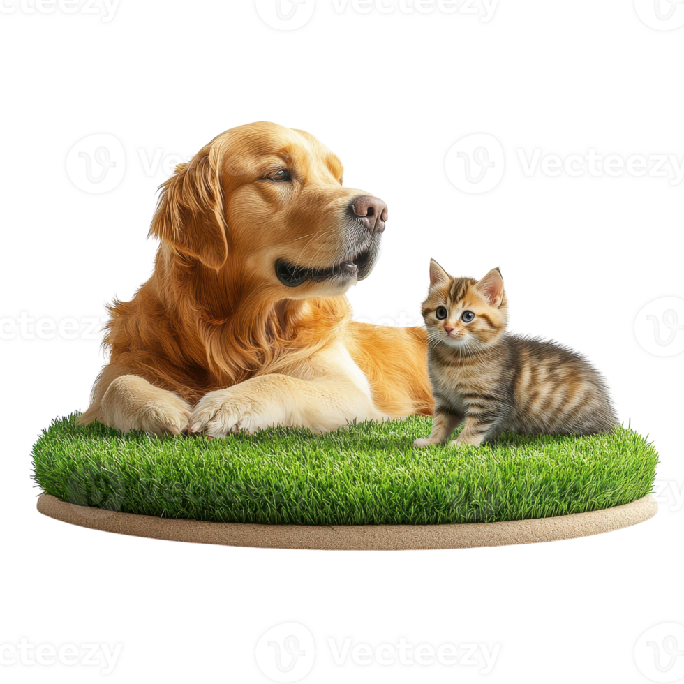 Golden Retriever and Kitten Playing on Green Grass on transparent background. png