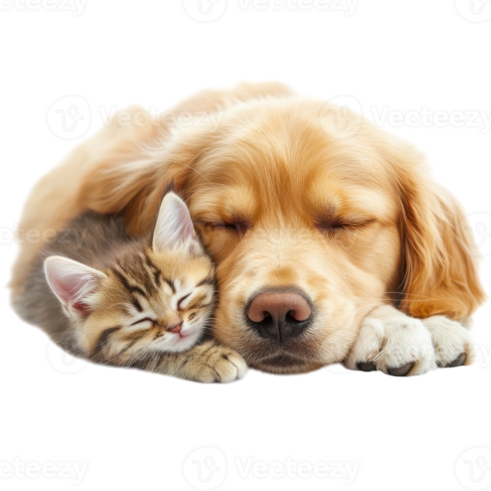 Golden Retriever Puppy and Cute Kitten Relaxing Together on transparent background. png