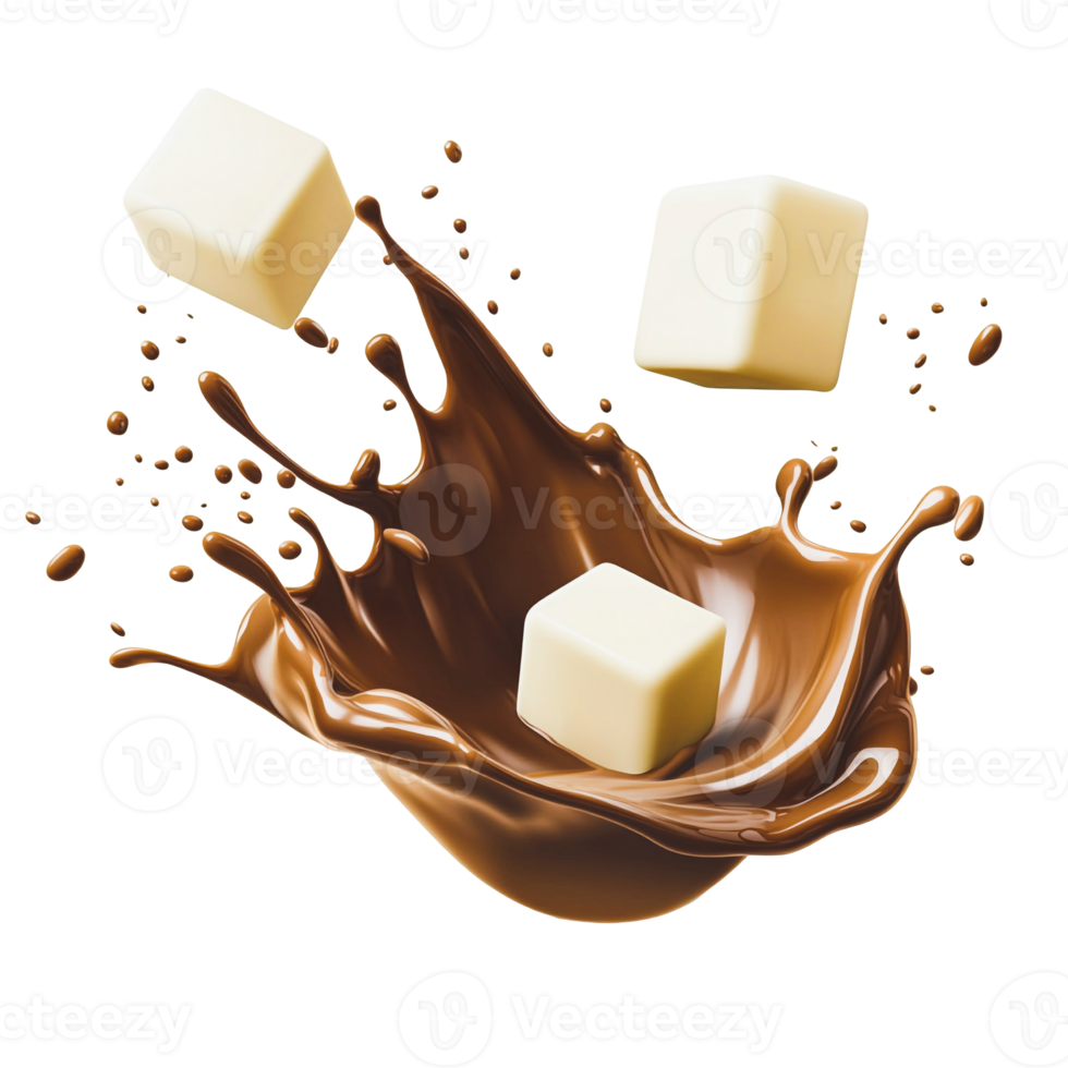 Rich Chocolate Milk and White Chocolate Cubes Splash png