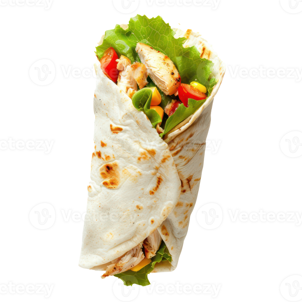 a wrap with chicken, vegetables and lettuce on it png