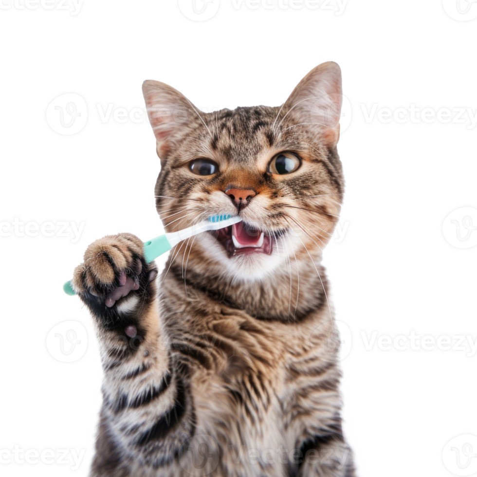 Cat holding toothbrush with his mouth isolate on transparency background png