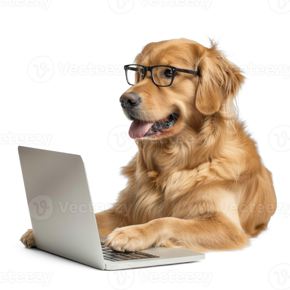 dog wearing glasses using laptop isolate on transparency background png