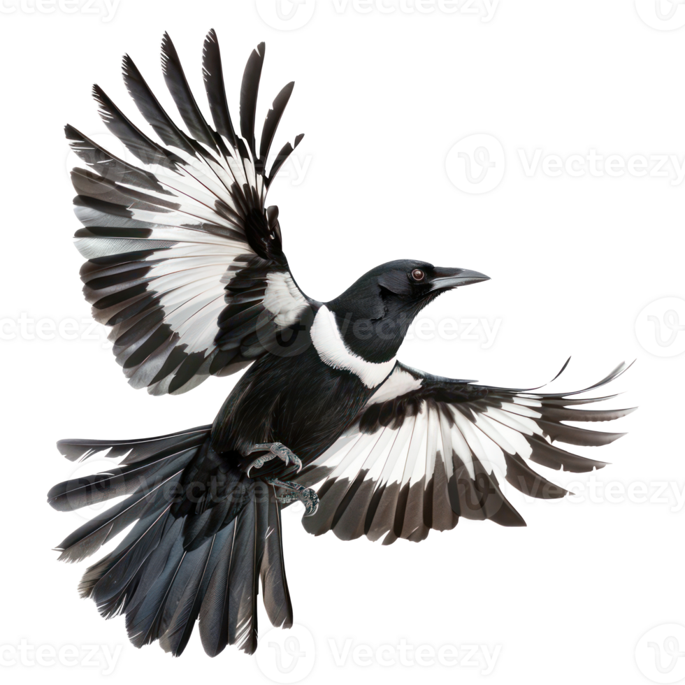 Magpie bird fly full body isolate on transparency background png