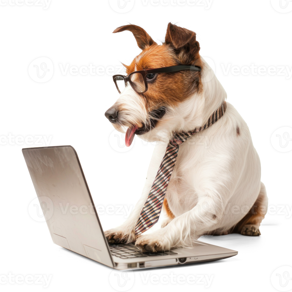 dog wearing glasses and tie using laptop, full body standing isolate on transparency background png