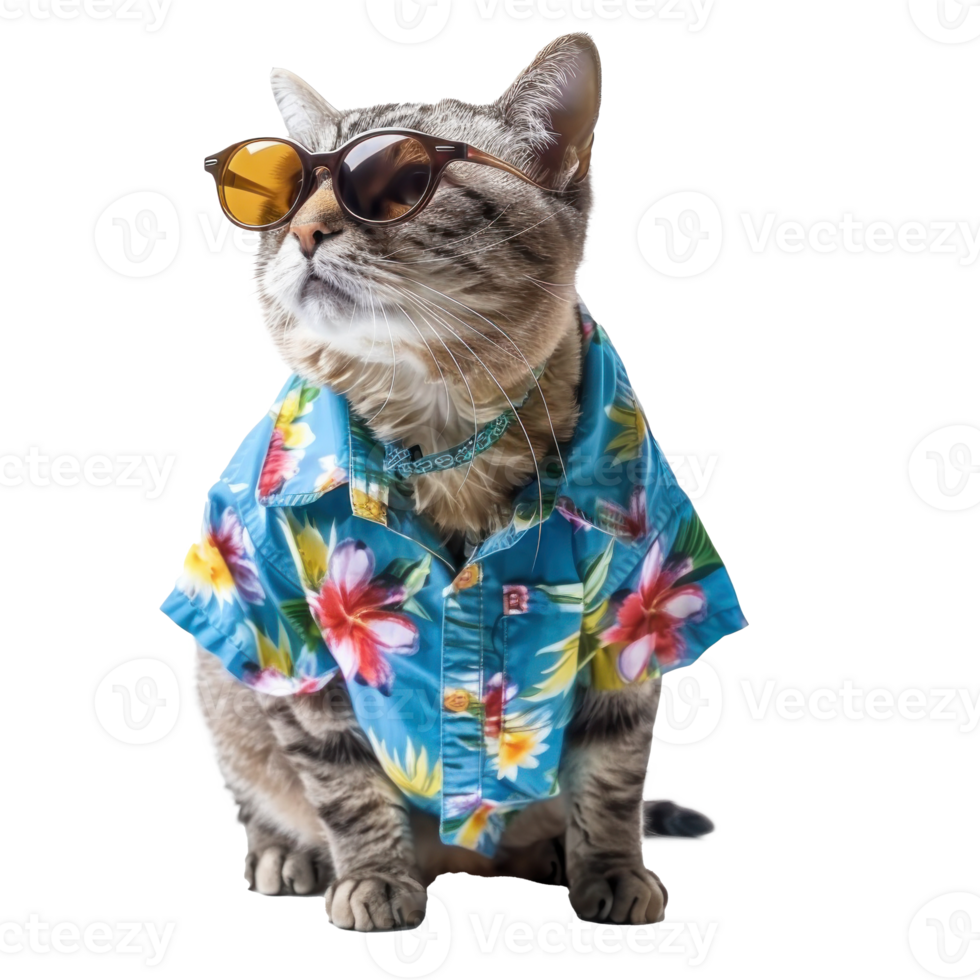 Cat wearing summer shirt and sunglasses, full body standing isolate on transparency background png