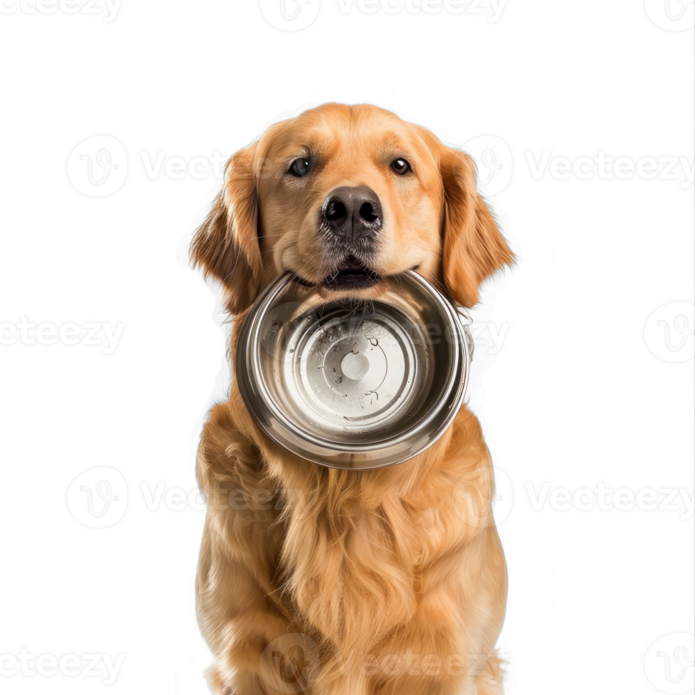 Dog holding food bowl with his mouth, full body standing isolate on transparency background png