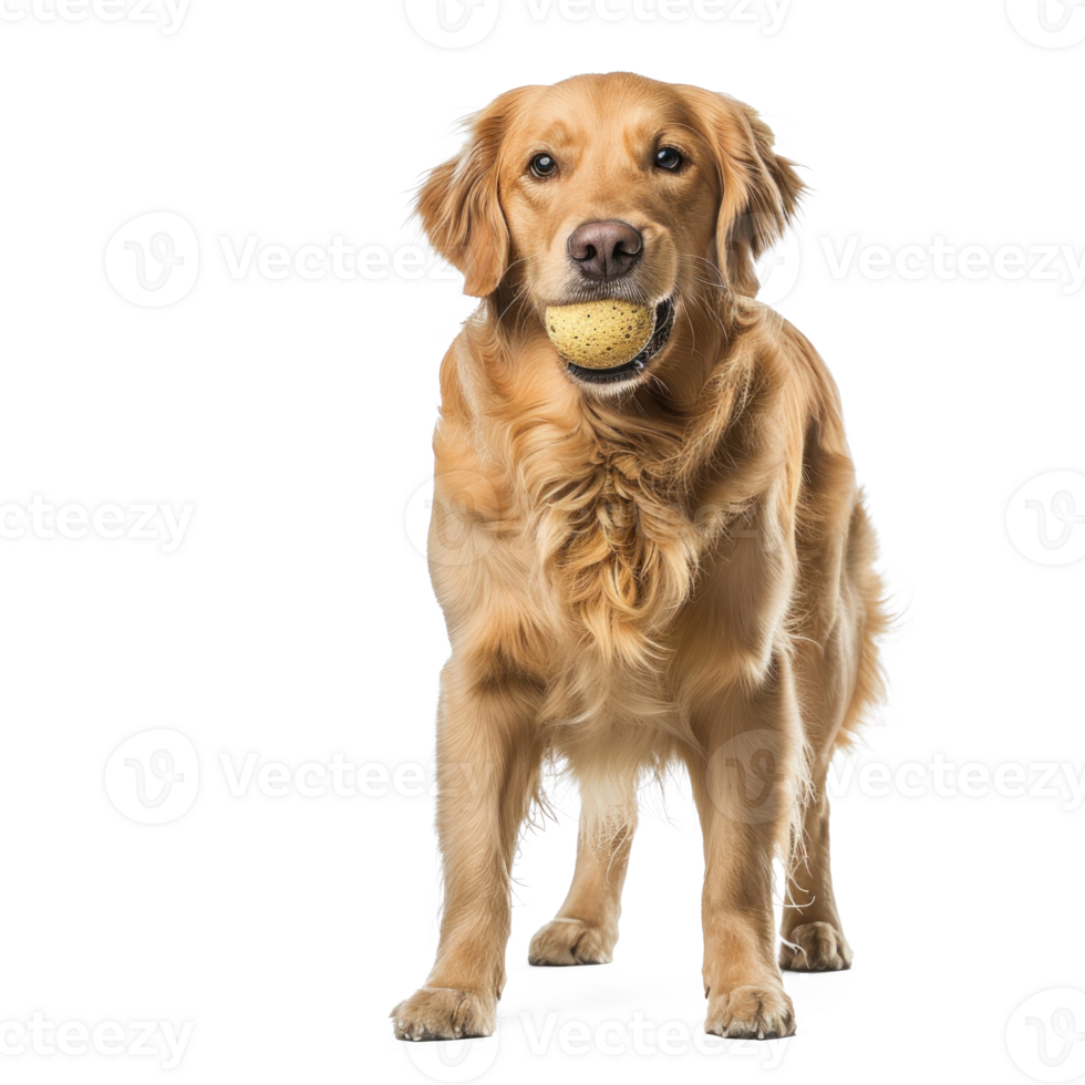Dog holding a ball in the mouth, full body standing isolate on transparency background, png