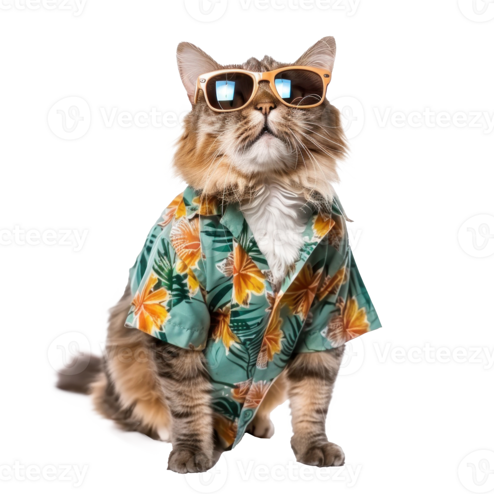 Cat wearing summer shirt and sunglasses, full body standing isolate on transparent background png