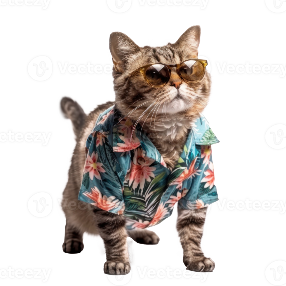Cat wearing summer shirt and sunglasses, full body standing isolate on transparent background png