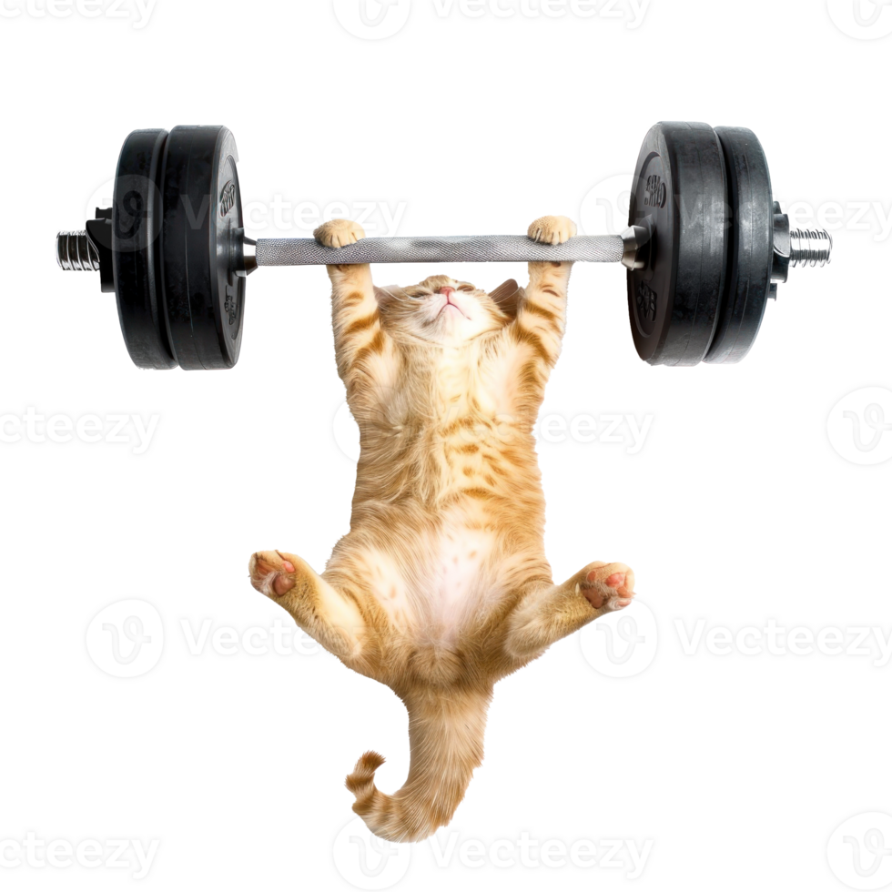cat doing and exercising sport with Dumbbell bar, top view full body isolate on transparent background png