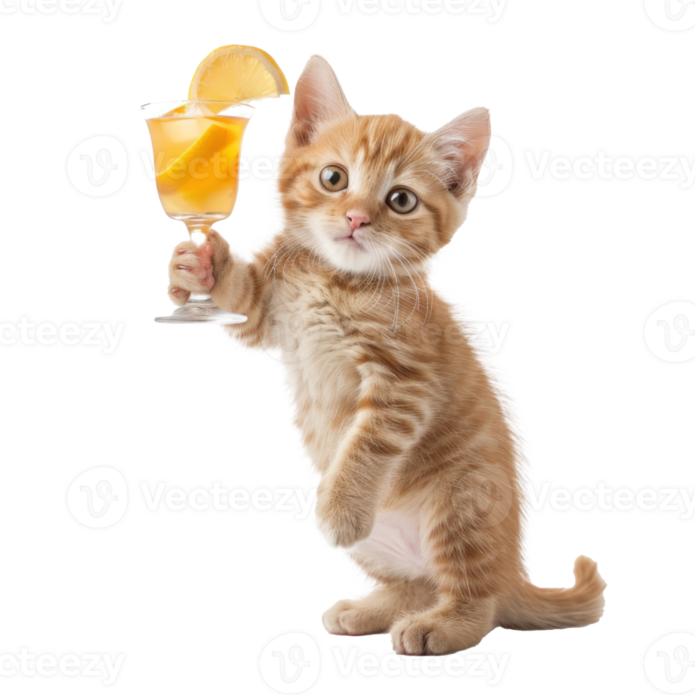 Cat holding cocktail, full body standing isolate on white background, png