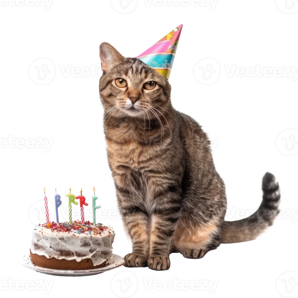 Cat wearing birthday cap with birthday cake, full body standing isolate on white background png