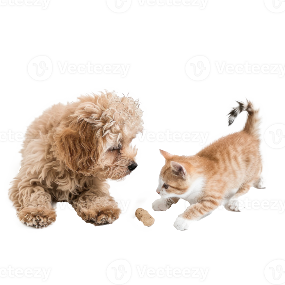 little dog and cat playing together isolate on transparent background png
