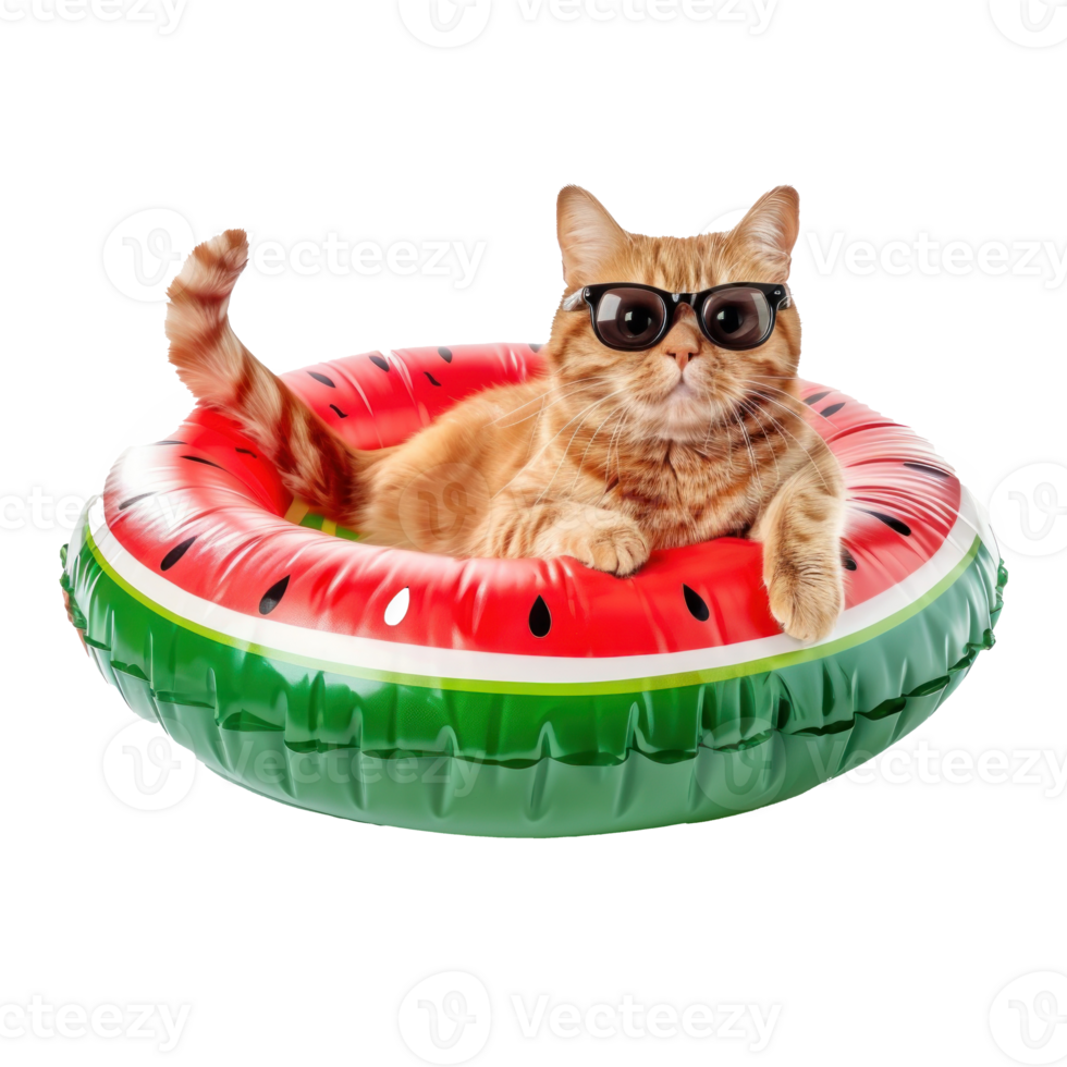 cat wearing sunglasses sitting in an watermelon inflatable ring pool isolate on transparent background png