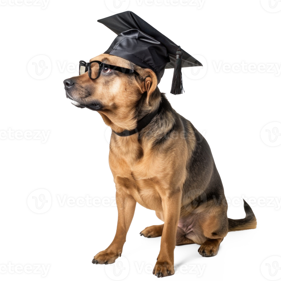dog wearing glasses and graduate cap, full body standing isolate on transparent background png