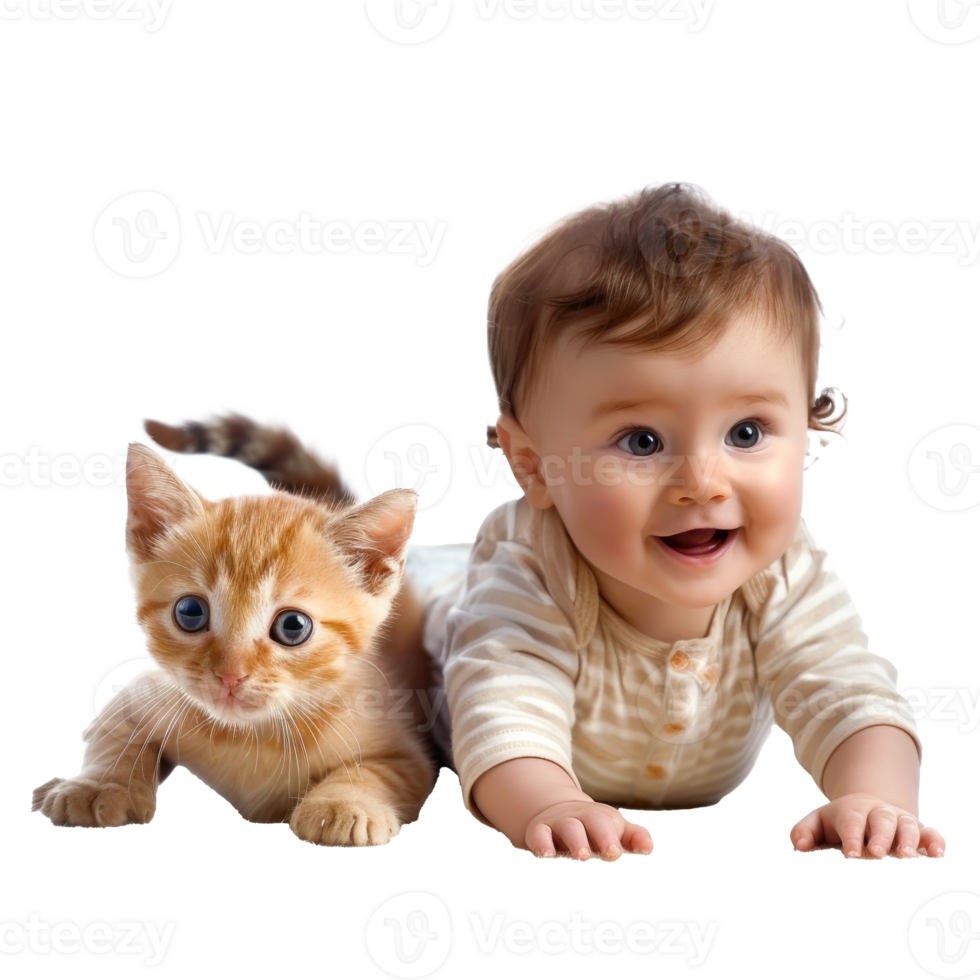 little baby boy crawling on the floor beside puppy cat isolate on transparent background png