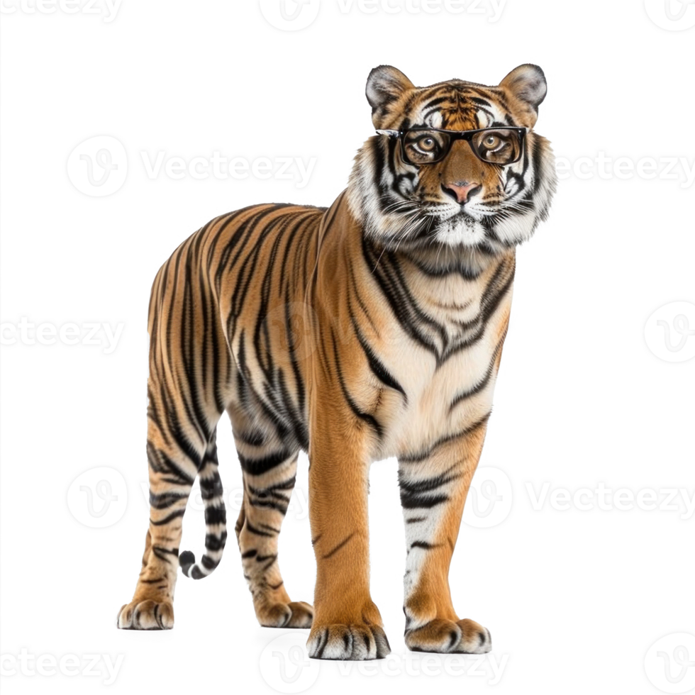 Royal tiger wearing glasses standing full body isolate on white background isolate on transparent background png