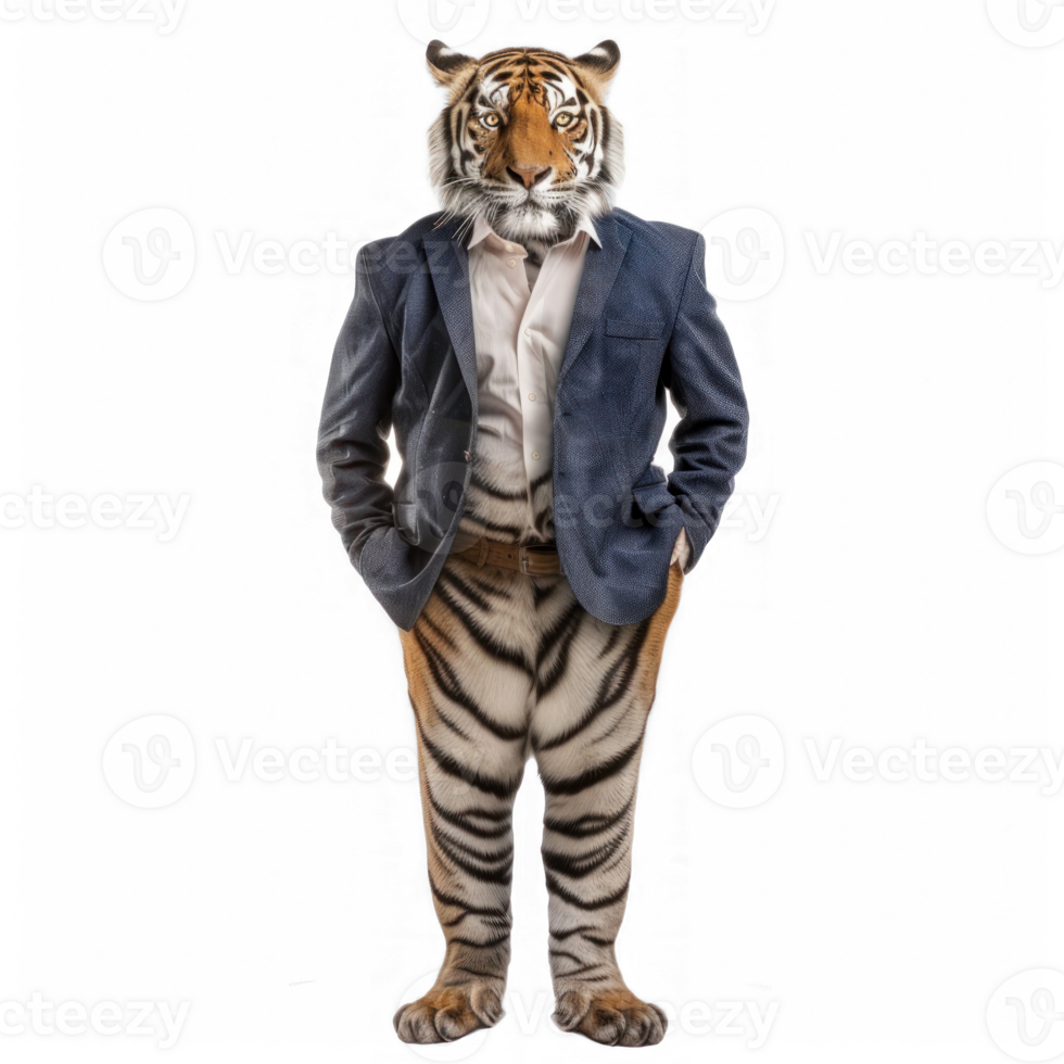 Royal tiger wearing suit and pants standing full body isolate on white background isolate on transparent background png