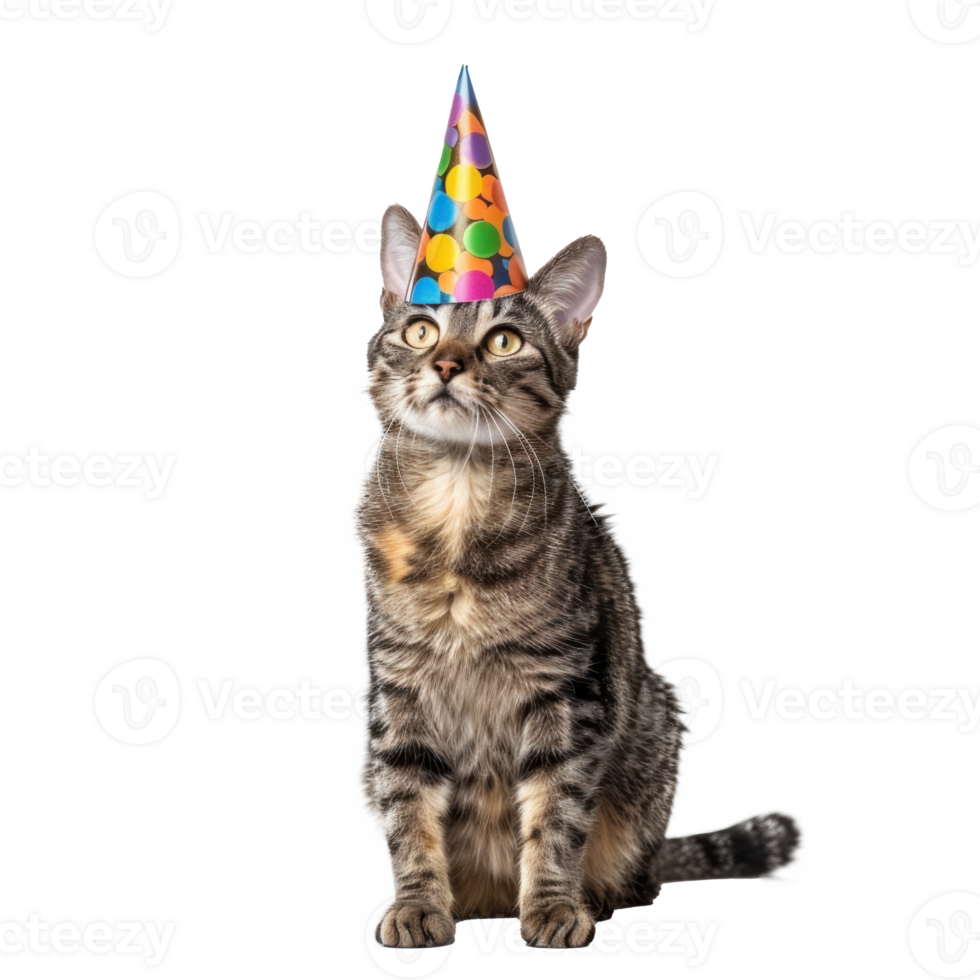 Cat wearing birthday cap, full body standing isolate on transparent background png