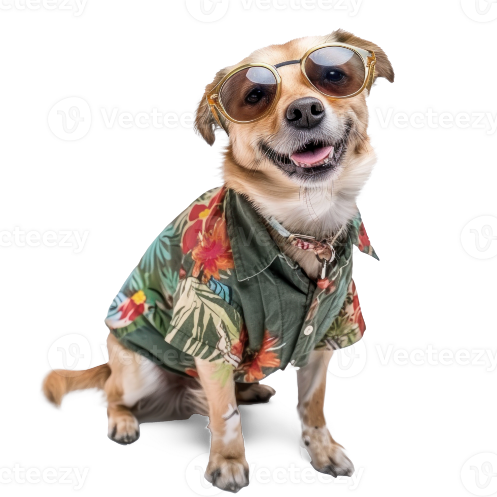 Dog wearing summer shirt and sunglasses, full body standing isolate on transparent background png