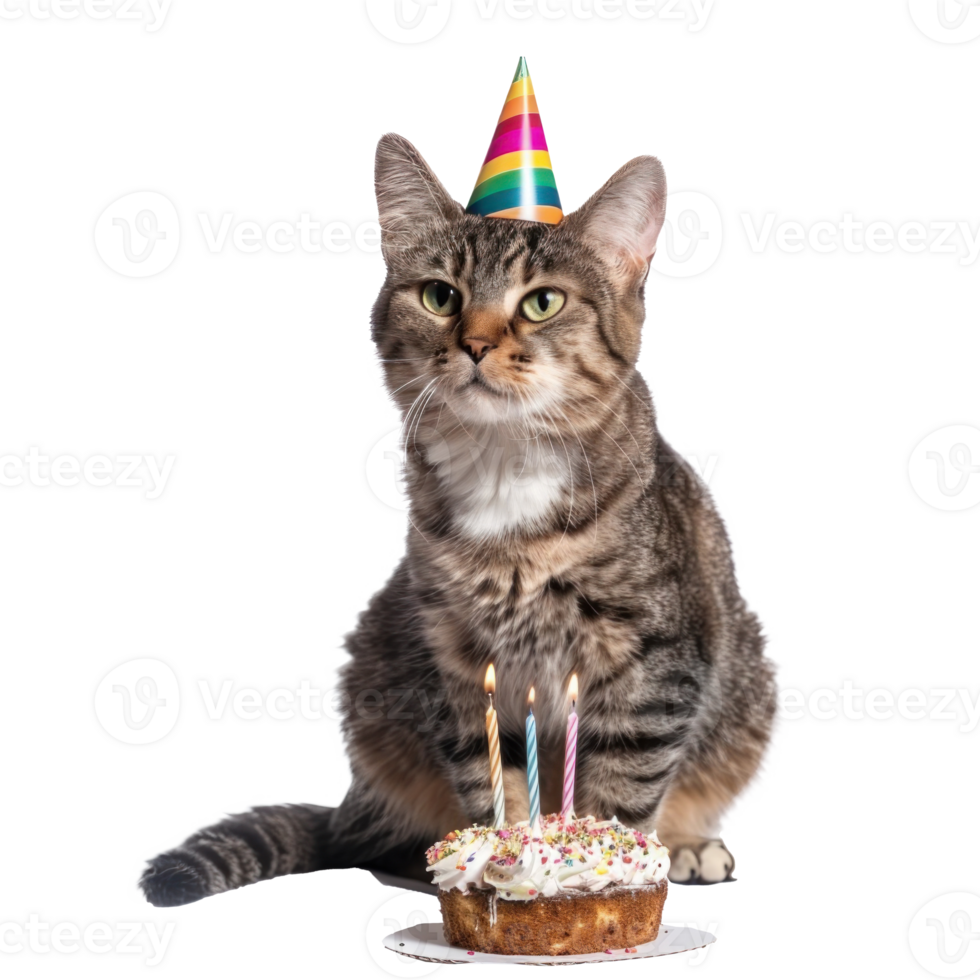 Cat wearing birthday cap with birthday cake, full body standing isolate on transparent background png