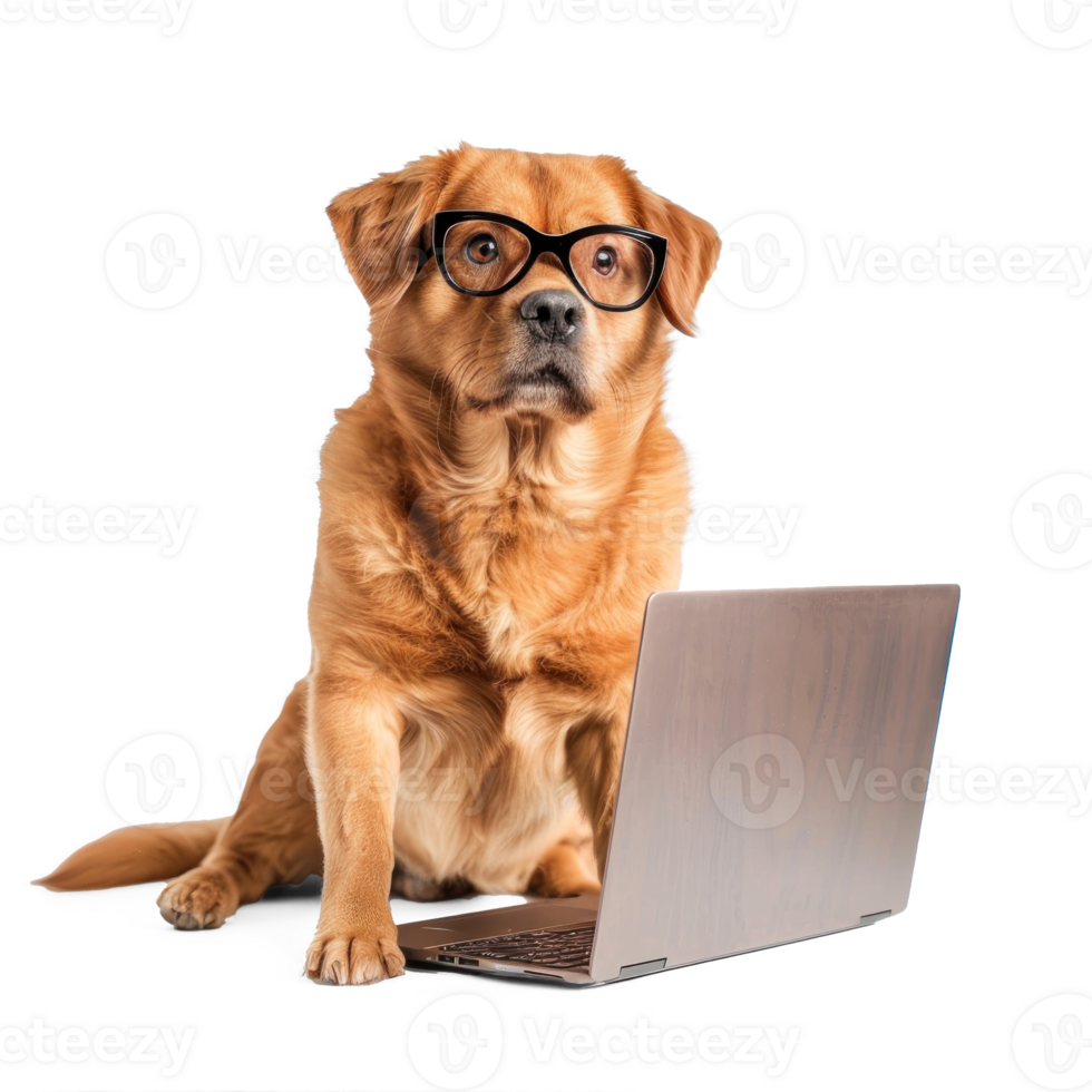 dog wearing glasses using laptop isolate on white background png