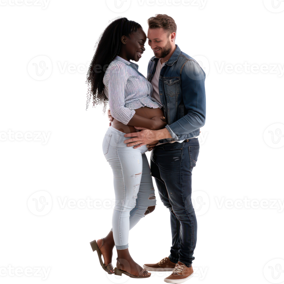 a pregnant woman and man standing together on a transparent background png