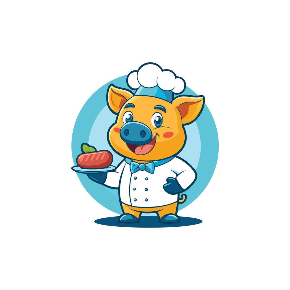Cute Pig Chef Eating Beef Steak Cartoon Character. Animal Food Isolated. vector