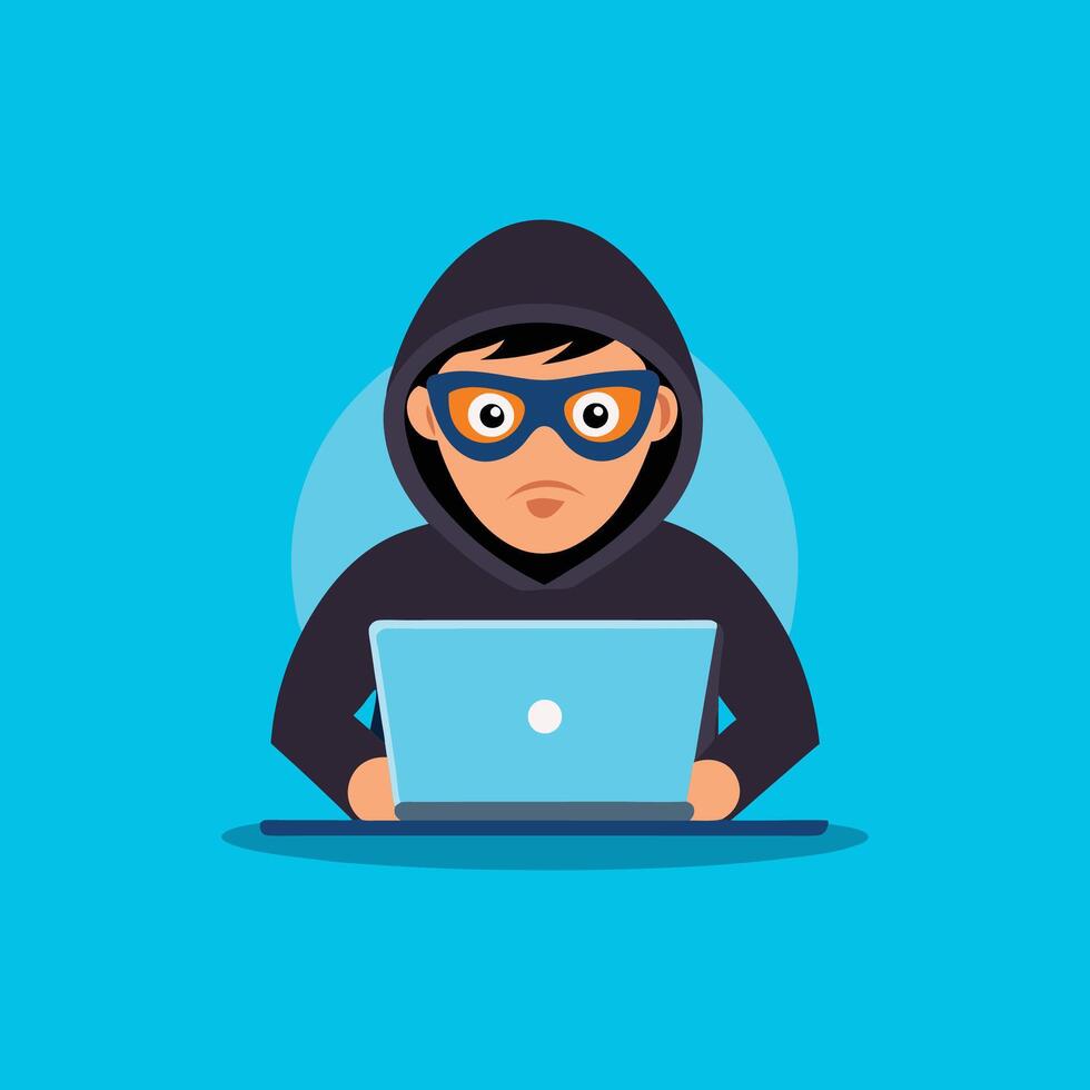 Hacker Operating A Laptop Cartoon Icon Illustration. Technology Icon Concept Isolated . Flat Cartoon Style vector