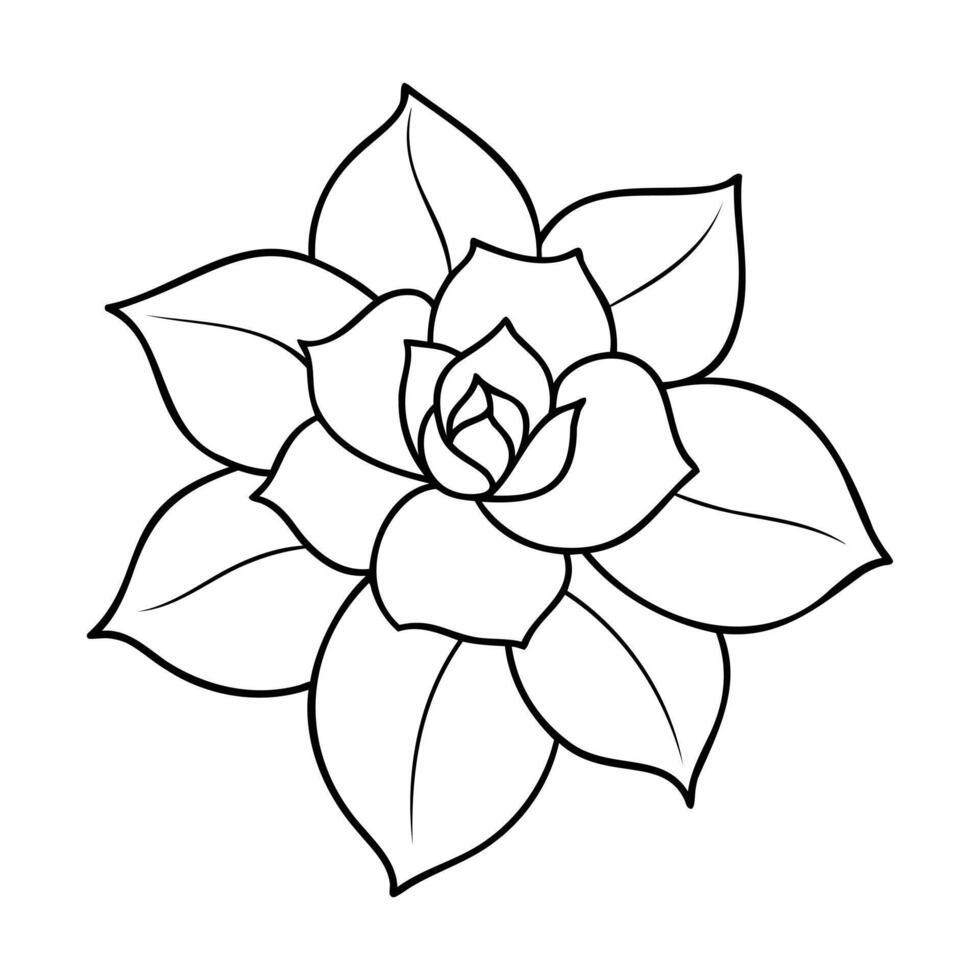A black and white outline illustration of a gardenia flower with layered, detailed petals vector