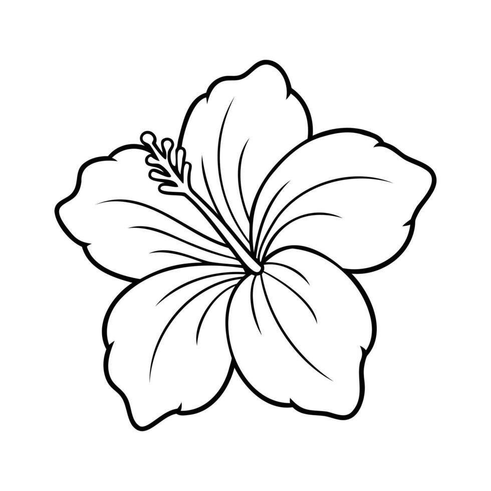Black and white outline of a hibiscus flower with detailed petals and stamens vector