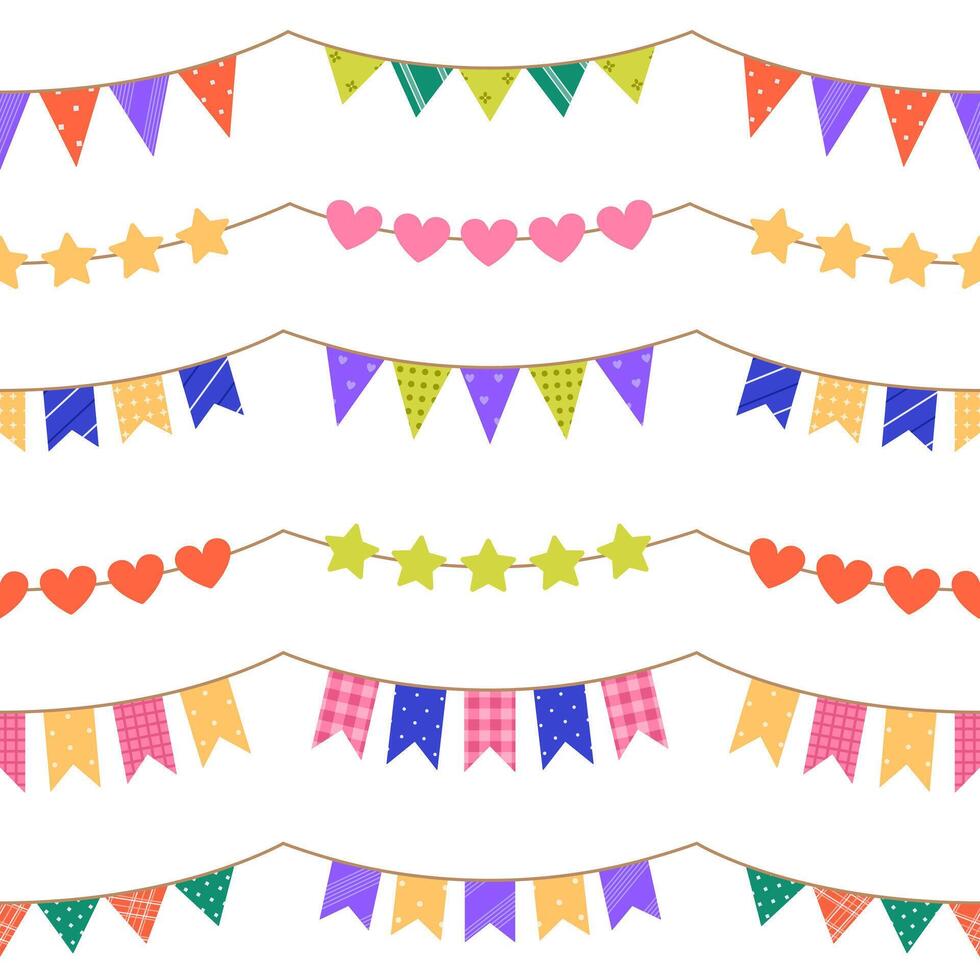Seamless pattern with festive garlands with different patterns on white background. Colorful bunting and flags for holiday, Birthday party. Flat illustration for wallpaper, textile, packaging vector