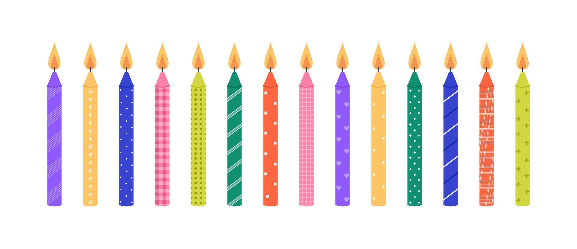 Colorful burning birthday cake candles set with different patterns. Holiday, anniversary celebration. Decoration for banner, greeting card. Flat illustration isolated on white background vector