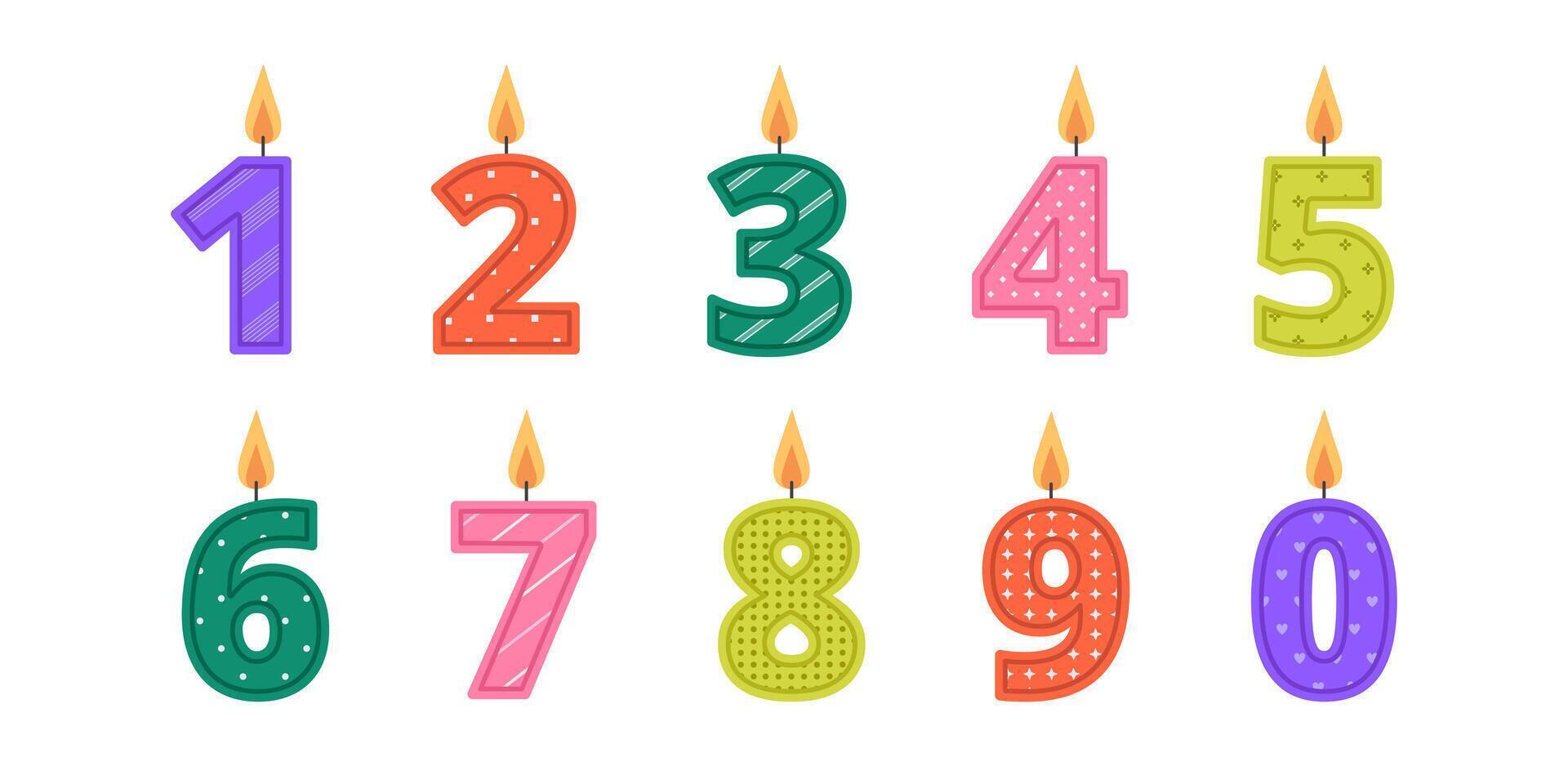 Colorful burning number shape birthday cake candles set with different patterns. Holiday, anniversary. Decoration for banner, greeting card. Flat illustration isolated on white background vector