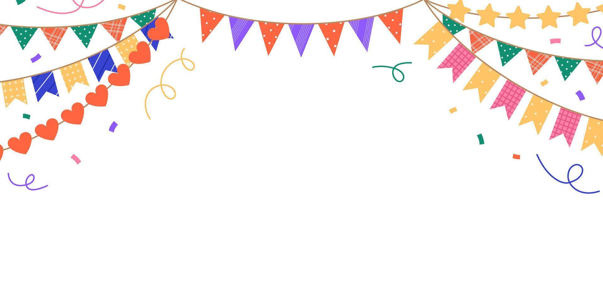 Horizontal frame with festive garlands, serpentine and confetti. Background with colorful bunting and flags. Holiday design. Template for banner, greeting card. Flat illustration on white vector